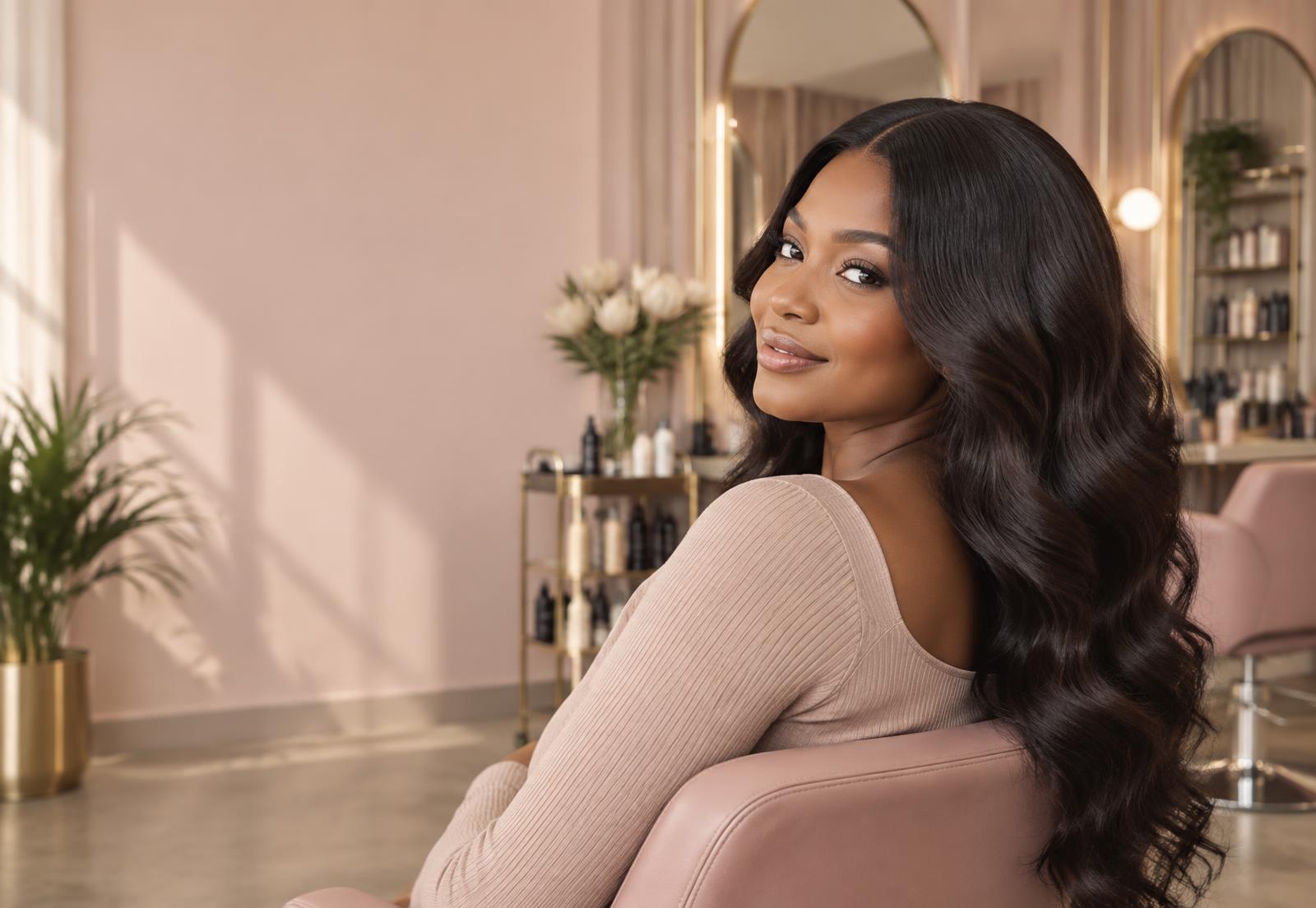 Woman with long polished waves in an elegant salon